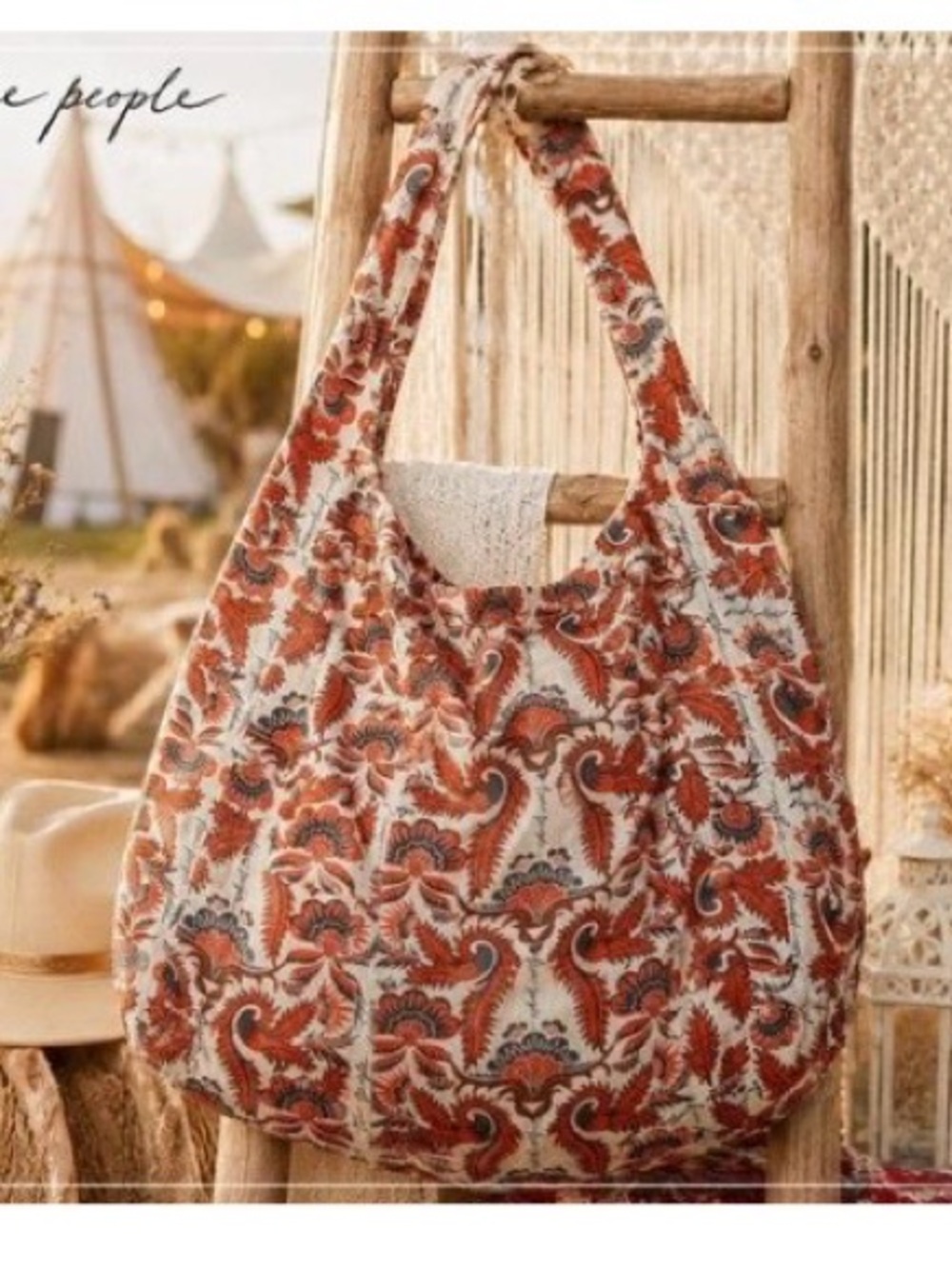 Free People Boho Sling Hobo Tote Bag Floral Paisley Print Reusable Shopping Bag